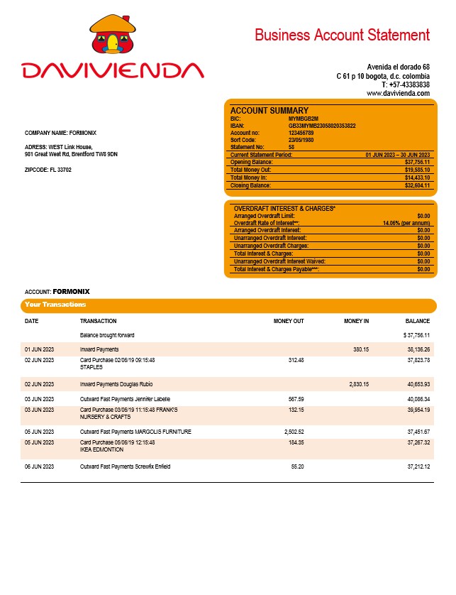 Modèle Word et PDF de relevé de compte courant de la société Davivienda Bank